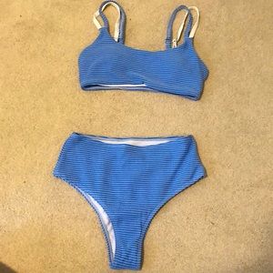 blue and white high rise bikini